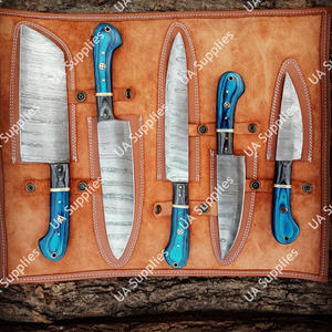 Juego de Cuchillos de Chef Modernos Forjados a Mano, Hojas de Acero de Damasco, Mangos de Madera Pakka, Funda de Cuero, Longitud de Hoja Personalizable - Product Image 2