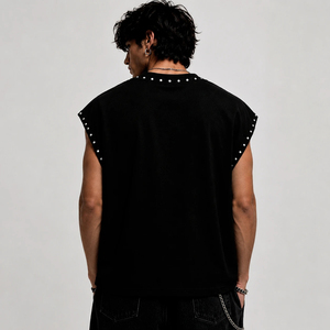 Custom Print Front Logo Breathable <b>Sleeveless</b> Tank Top Rivet Crew Neck Unisex Black <b>Shirt</b> - Product Image 2
