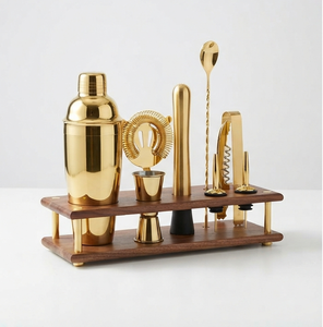 Juego de herramientas de barman de acero inoxidable dorado con soporte de madera para fiestas, juego completo de herramientas para barra de cócteles - Product Image 1