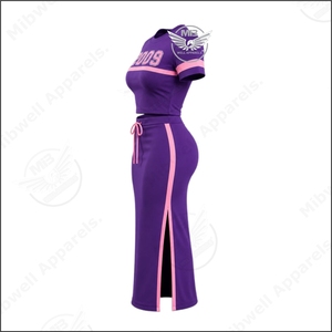Conjunto de Dos Piezas para Mujer Theta Phi Sigma, Vestido Midi Ajustado en Color Rosa Púrpura con Contraste, Manga Corta, Cuello Redondo, Cordón Ajustable - Product Image 3