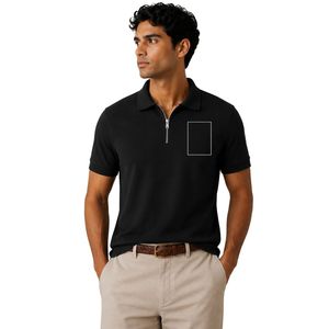 Polo Negro para Hombre con Cierre, Diseño de Logotipo Personalizado, Manga Corta, Mezcla de Algodón Premium, Tela Acanalada Informal, Polo de Golf de Lujo - Product Image 1