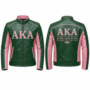 Chaqueta Bomber de Cuero PU Bordada Alpha Kappa Alpha AKA, Verde y Rosa, Estilo Moto, Cierre de Cremallera, Unisex, para Otoño - Product Image 1