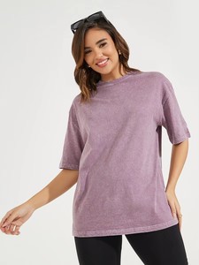 Camiseta de Algodón para Mujer, Cuello Redondo, Manga Corta, Corte Holgado, Color Morado, Informal, Transpirable, Tejido de Punto, Primavera Verano - Product Image 3