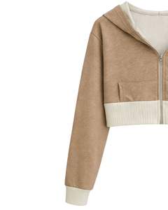 Sudadera con capucha corta para mujer, con cremallera, color marrón canela y bloques de color de felpa de algodón, estilo casual y urbano. - Product Image 4