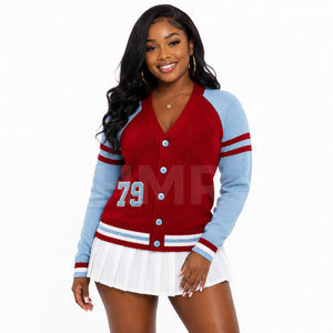 HMR Sorority Sisterhood <b>Red</b> Blue Knitted <b>Cardigan</b> V-Neck Raglan Sleeve Preppy Style Full Sleeve Button Closure - Product Image 1