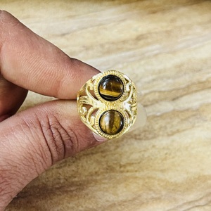 Hot Selling Double Stone Tiger Eye Brass <b>Ring</b> 18k Gold Plated <b>Chunky</b> Filigree Texture <b>Ring</b> Handmade Statement Wholesale <b>Ring</b> - Product Image 6