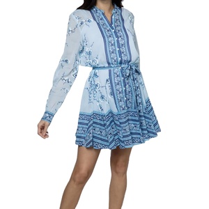 Blue Floral Print Chiffon Shirt Dress with V-<b>Neck</b> <b>Tie</b> Waist Sheer Layer Summer Casual for Women - Product Image 1