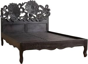 Cadre de lit en bois massif artisanal de luxe, orné de sculptures florales de tournesol, finition noire mate charbon de bois - Product Image 5