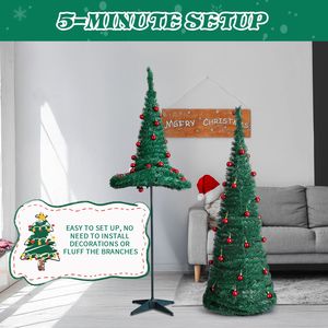 Set di 2 Alberi di Natale Artificiali (180 cm e 150 cm) con Decorazioni Rosse per Casa/Ufficio - Materiale Ecologico Verde - Product Image 2
