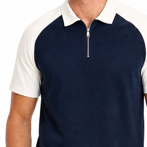 Classic Men's Color Blocked <b>Polo</b> Shirt Short Sleeve Zipper Casual Navy <b>White</b> Regular Fit - Product Image 2