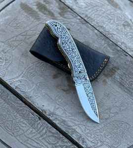 Couteau de poche pliant artisanal en acier au carbone gravé pour l'extérieur, manche gravé en acier inoxydable OEM, couteau tactique de camping DIY OEM - Product Image 1
