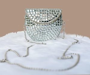 Mini Mirror Bag | Handmade Mirror Clutch - Shoulder Sling for Women & Girls, White Embellishments on Metal | Chain Inner Bag Med - Product Image 2