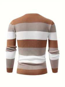 Pull décontracté rayé pour homme, col rond, coupe ajustée, rayures horizontales multicolores, tricot chaud pour l'automne et l'hiver - Product Image 2
