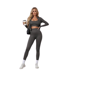 Women 3 Piece Seamless <b>Workout</b> Set Sports Bra High Waisted Gym Yoga Leggings Zip Up <b>Jacket</b> with Thumbhole Activewear - Product Image 3