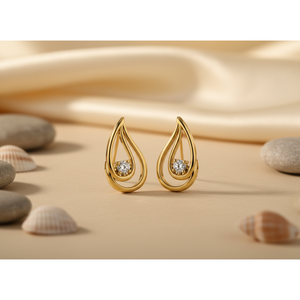 Pendientes de Oro Amarillo con Forma de Lágrima para Mujer, con Diamante Natural de Corte Brillante Redondo, Diseño Minimalista, para Uso Diario, Regalo para Ella - Product Image 4