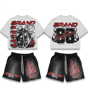 Women Premium Cotton Graphic T <b>Shirt</b> and Shorts Set White Red <b>Flame</b> Print Screen Print Custom Logo 100% Cotton T <b>shirt</b> & Shorts - Product Image 2