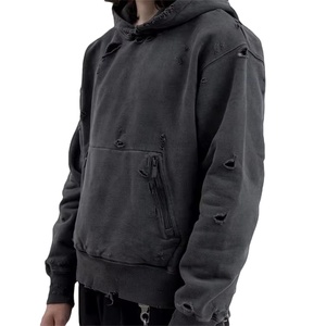 Sweat à capuche vintage délavé et vieilli pour homme, grandes tailles, sans cordons, épaules tombantes, motif brodé, coupe courte - Product Image 5