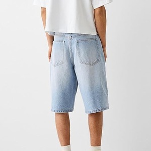 Shorts Bermuda en Coton Lavé Bleu Clair pour Homme, Taille Mi-Haute, Fermeture Boutonnée, Style Décontracté Couleur Unie - Product Image 2