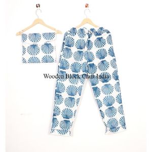 Women Pajama Set Long Sleeve Shirt Full Length <b>Pants</b> Blue Floral Print 100%Cotton Soft Elastic Waist Quick-Dry Casual Summer - Product Image 3
