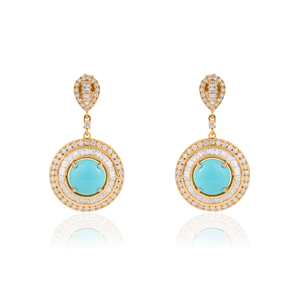 Pendientes de Oro Amarillo de 14K con Turquesa de Corte Cabujón y Doble Halo de Diamantes, Joyería de Boda para Mujer, Más Vendidos - Product Image 1