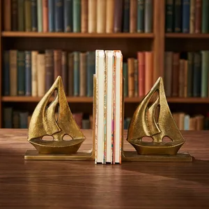 Golden Metal Sailboat Bookends Set of 2 Nautical Boat Decorative Book Ends for <b>Bookshelf</b> Home Office <b>Desk</b> Decor Elegant Vintage - Product Image 2
