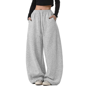 Women's Gray Wide Leg Baggy Sweatpants Mid Waist <b>Drawstring</b> Loose Fit Full Length Casual Cotton Pants Winter Wear <b>Trousers</b> - Product Image 2