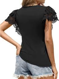 Camiseta de color liso para mujer, informal, de verano, de manga corta, con detalles de encaje, de poliéster, tejido de punto, estilo europeo americano. - Product Image 2
