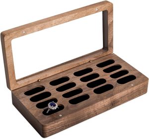 Luxury Solid Walnut Wood Ring Box with Glass Window - Ring <b>case</b> Jewelry Tray Jewelry Organizer for Rings, Studs & <b>Earrings</b> - Product Image 1