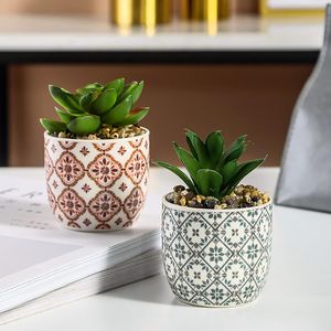 Set di 2 Piccoli Vasi in Ceramica con Fiori Artificiali Succulenti, Decorazione per Casa e Ufficio, Stile Rustico, Piante Verdi per Interni - Product Image 4
