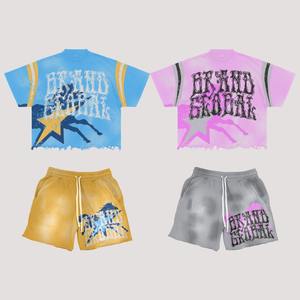 Summer New Hot Cotton <b>Mens</b> T Shirt and <b>Short</b> 2 Piece Suits Set Custom Logo Acid Wash <b>Shorts</b> <b>Men's</b> Tracksuit Set - Product Image 4
