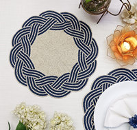 Décoration de Noël, nappe en toile tissée bleu marine avec bordure perlée, nouveauté, festonnée blanche, diamètre 500 mm, réutilisable, épaisseur 3 mm