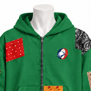 Sudadera con capucha y cremallera completa de patchwork verde, estilo oversized, con estampado de parches, informal, estilo streetwear para hombre. - Product Image 3