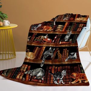 Couverture en flanelle vintage motif chat imprimé, design bibliothèque, cadeau pour bibliothécaire et amoureux des livres, plaid polaire pour lit, canapé ou fauteuil - Product Image 1