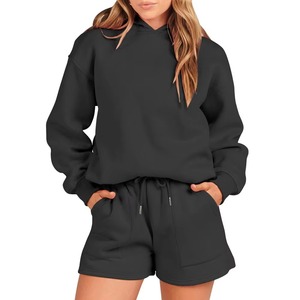 Ensemble 2 pièces pour femme : sweat à capuche et short, couleur unie, polaire, décontracté, coupe régulière, longueur genou, hiver, respirant - Product Image 2