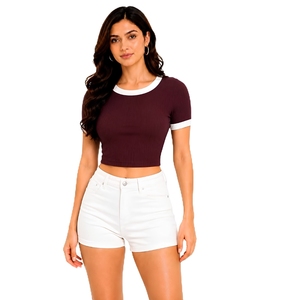 T-shirt court côtelé pour femme |   T-shirt court décontracté à col rond et manches courtes pour femmes et filles - Product Image 1
