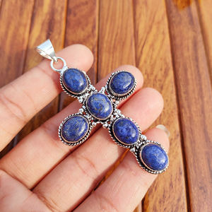 Pendentif Croix Vintage en Lapis Lazuli Plaqué Argent Antique, Base en Laiton, Bijou Unisexe Personnalisé, Cadeau, Sertissage Bezel, Vente en Gros - Product Image 2