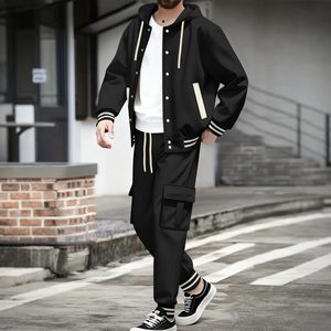 Ensemble haut et bas pour homme en coton/polyester, style automne décontracté, comprenant un sweat à capuche vintage délavé à l'acide et un pantalon de survêtement, style veste universitaire - Product Image 6