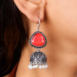 Verified Manufacturer Oxidized Silver Statement <b>Red</b> Blue Stone <b>Earrings</b> | Ethnic Women Jhumka Gift for Her - Product Image 2