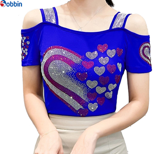 Top de malla con pedrería y corazones rojos, de hombros descubiertos, manga corta, cuello cuadrado, ajustado, para mujer, para el Día de San Valentín - Product Image 2