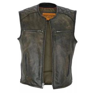 Gilet de moto matelassé en cuir de vachette véritable vintage pour homme, avec fermeture éclair, imperméable, coupe-vent et col montant - Product Image 2