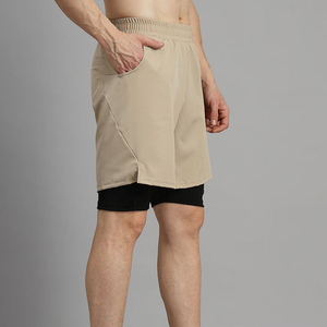 <b>Men</b> Beige Khaki <b>Black</b> 2 in 1 Double Layer Gym <b>Shorts</b> Compression Inner Lining Side Pockets Elastic Waistband High Quality Custom - Product Image 5