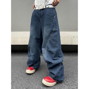 ARZINEN INDUSTRY Jean en denim ample à jambe large pour homme, taille mi-haute, délavage effet neige, vintage, 100% coton, tissé uni, décontracté, séchage rapide - Product Image 1