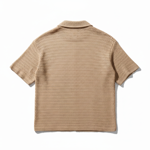 เสื้อเชิ้ตผู้ชายสีเบจถักจากผ้าขนสัตว์ แขนสามส่วน ปกคอพับ สไตล์ลำลองสำหรับฤดูใบไม้ร่วง ป้องกันขนร่วง สีพื้น - Product Image 3