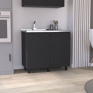 2 Mobili Base Indipendenti in Acciaio Inossidabile con Piano di Lavoro Nero e 2 Ante per Uso in Cucina - Product Image 2