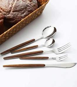 Utensilios de cocina con mango de madera, cubiertos de acero inoxidable, cuchara, tenedor, cuchillo, utensilios de cocina con mango de madera, cubiertos de acero inoxidable - Product Image 2