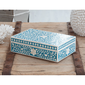 AUREVIA CRAFTS Grande boîte à bijoux rectangulaire de style moderne en bois avec incrustations en os, faite à la main, de luxe, plusieurs compartiments, carton bleu - Product Image 6