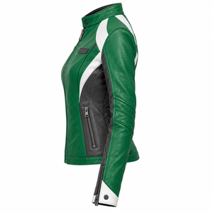 <b>Green</b> Womens Leather Jacket Genuine Cowhide <b>Motorbike</b> Racing Outerwear Slim Fit Sport Biker Riding Coat Snap Collar Cuffs - Product Image 4