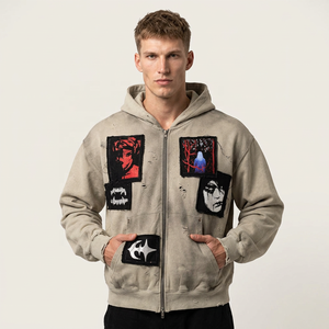 Oversized Washed Zip Up Hoodie Men's <b>Retro</b> Streetwear <b>Sweatshirt</b> Patchwork Pullover Custom Logo - Product Image 1