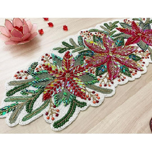 Marvelous Design Beaded Fabric Decorative Indian Handmade Fabric Place Mat Coaster Table 1 Runner With 6 Mat Beaded Table Runner - Product Image 1