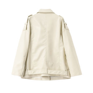 Chaqueta de Motociclista de Cuero Vacuno con Logotipo Bordado para Mujer, con Cinturón, Estilo Casual Holgado para Primavera y Otoño - Product Image 2